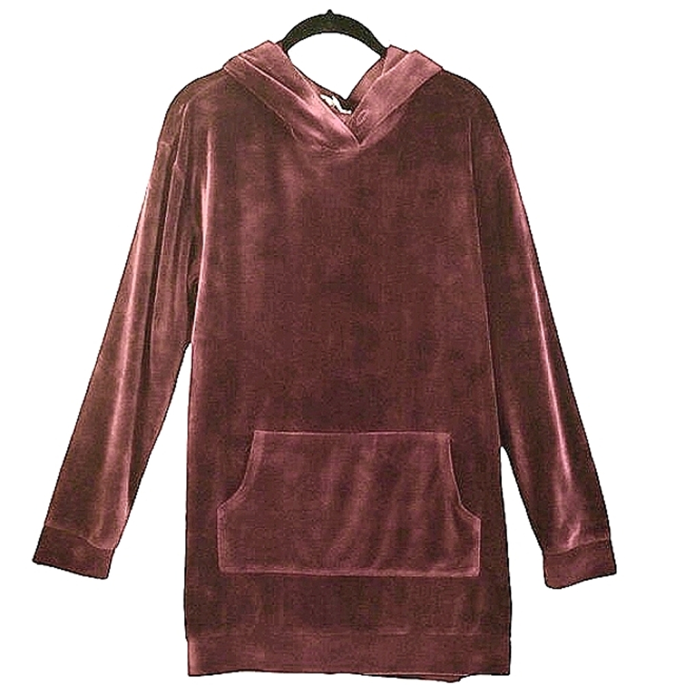 Maroon Velour Stretch Hoodie Tunic Size L Long Sleeve Cozy Baggy